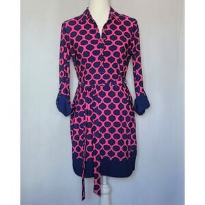 DM Collection Collared Hot Pink & Navy Blue Long 3/4 Sleeve Dress w/Belt Sz: 6P